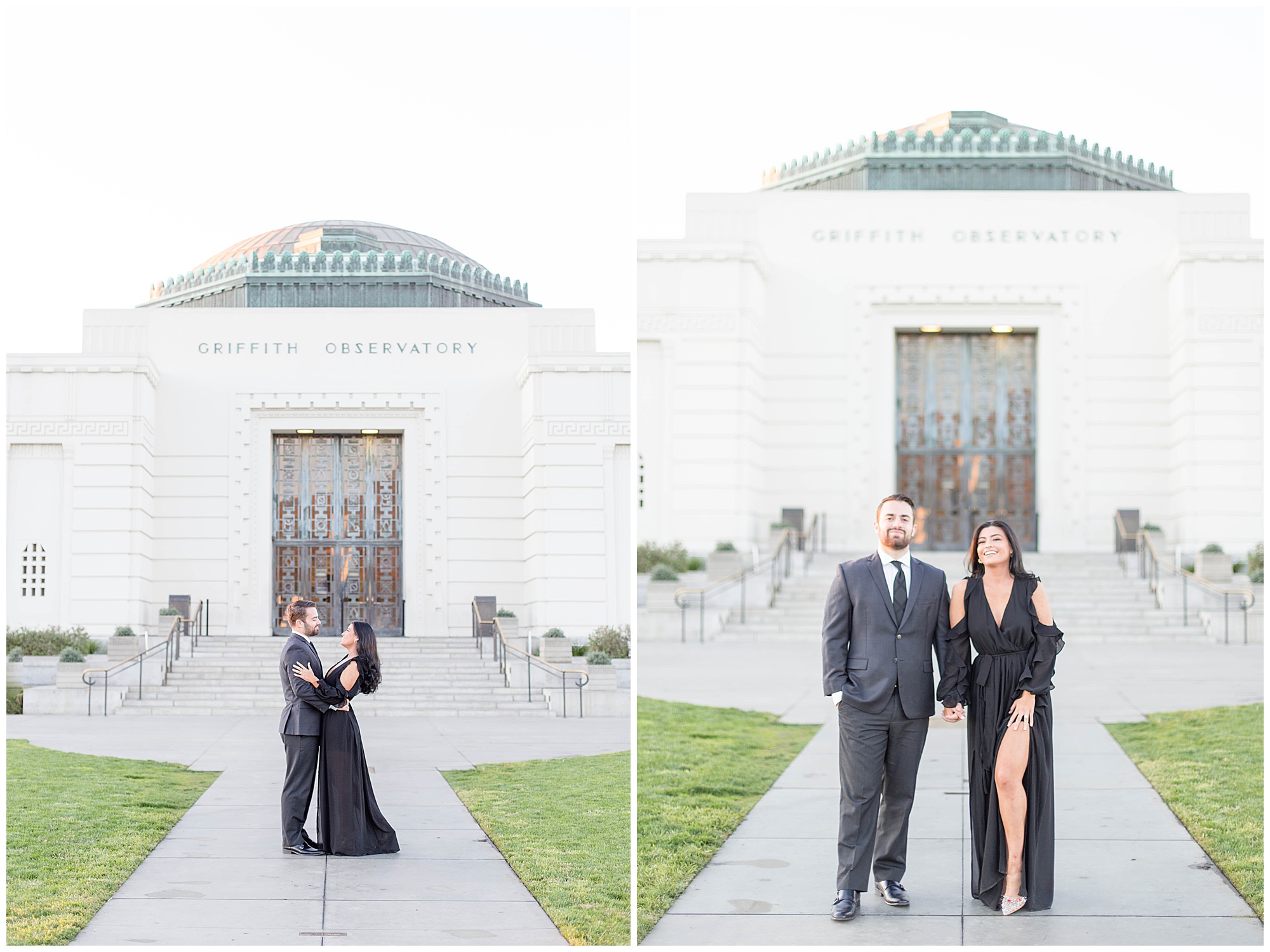 engaged couple in front of griffith observatory