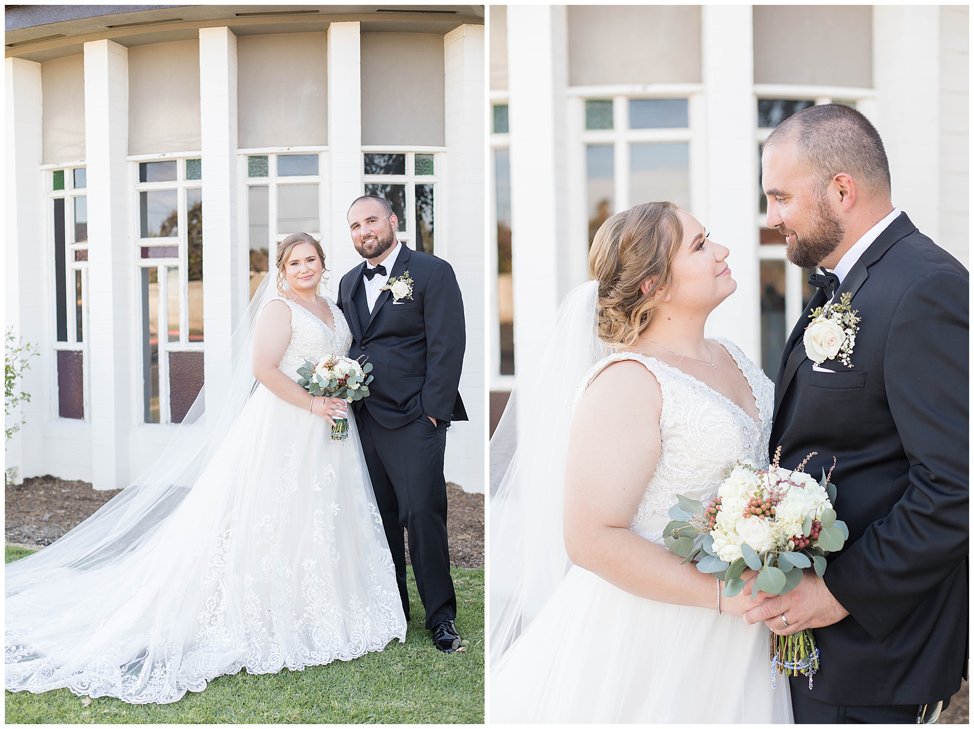 bride and groom portraits in front of white church