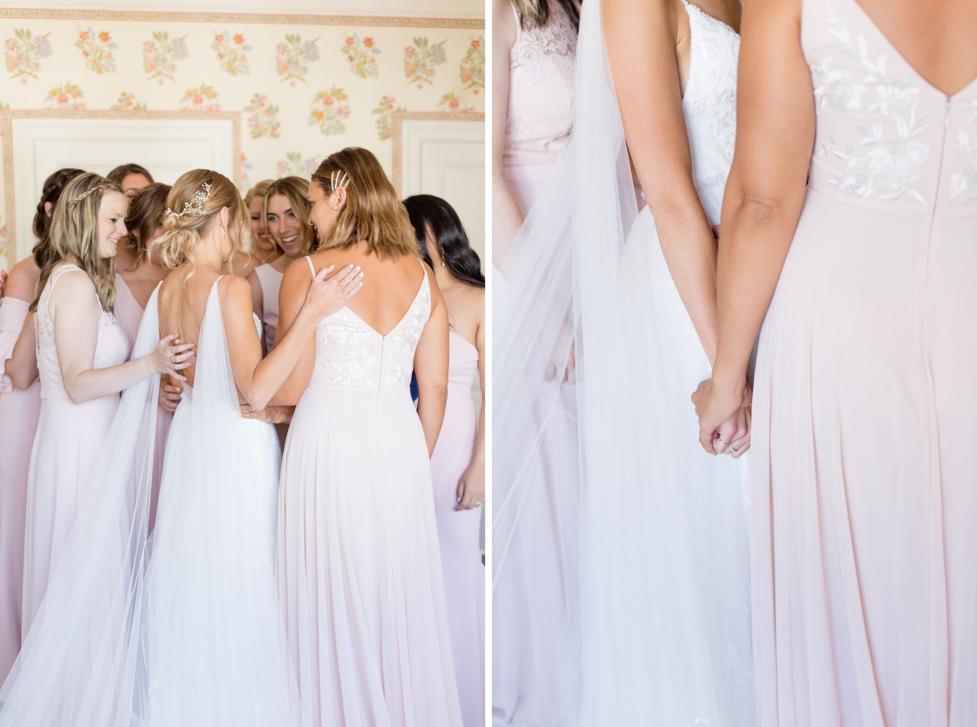 bridesmaids hugging bride