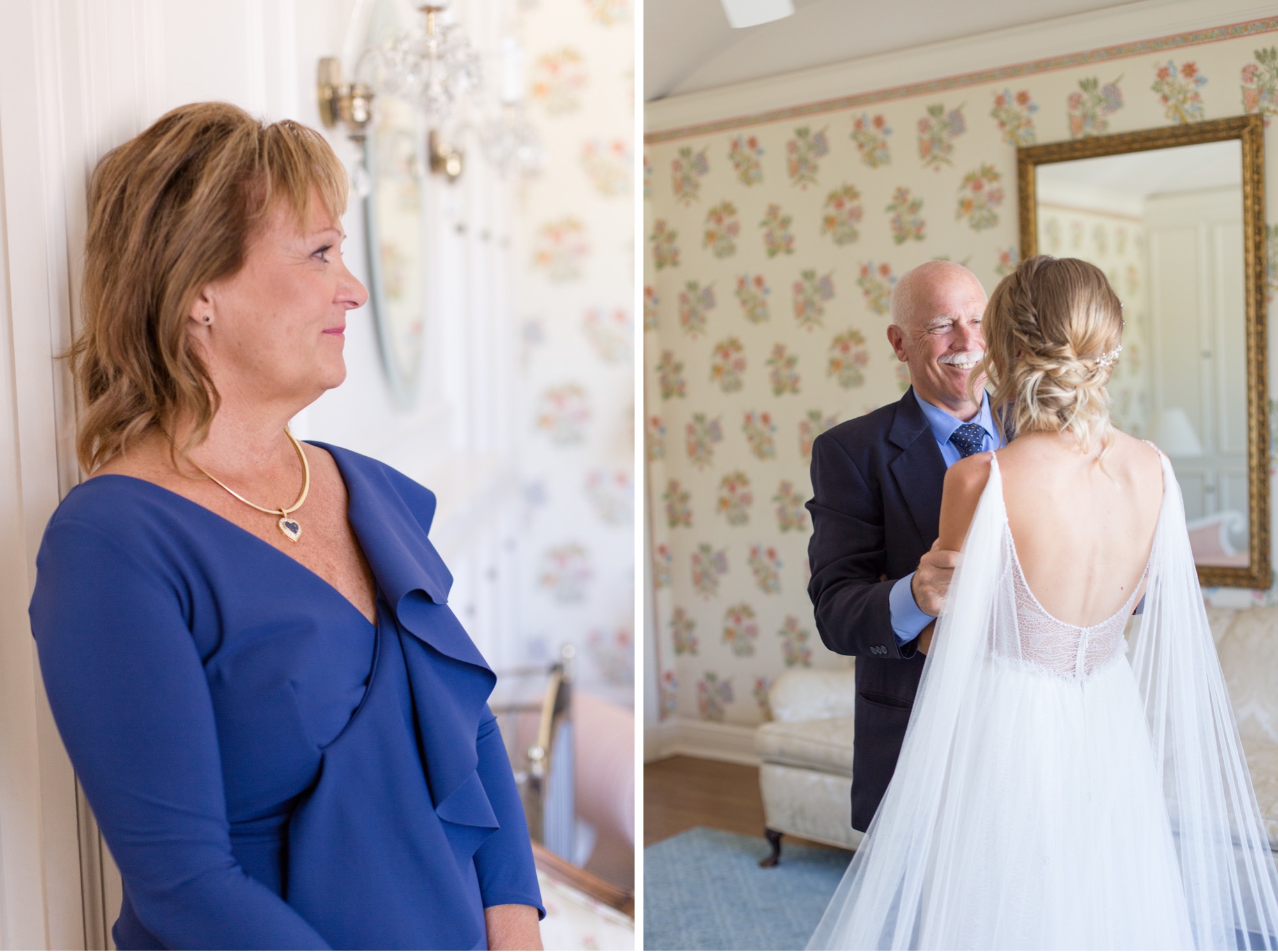 mom watching her daughter have a first look with her dad on her wedding day