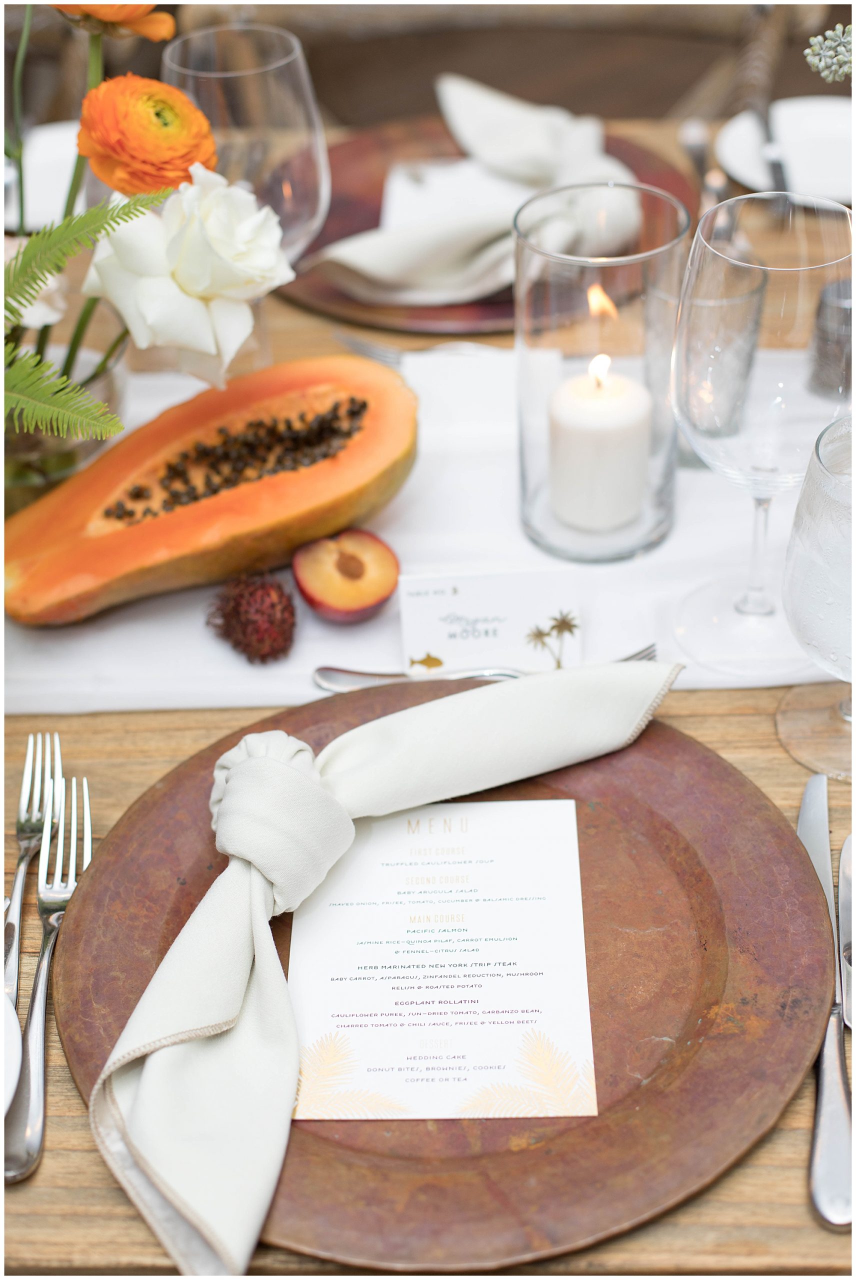 natural boho copper plate setting at reception