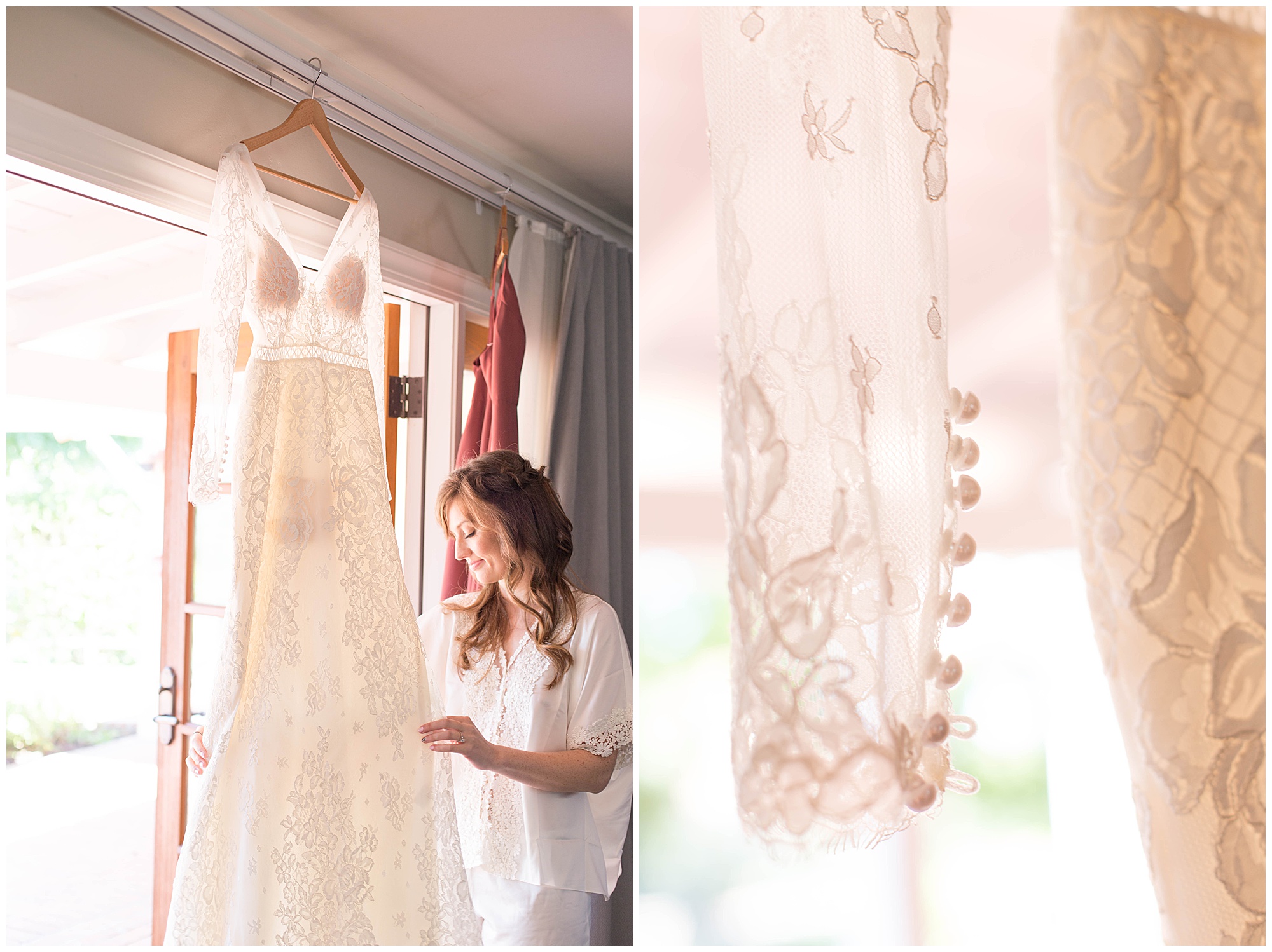 bride looking at her long sleeve lace wedding dress