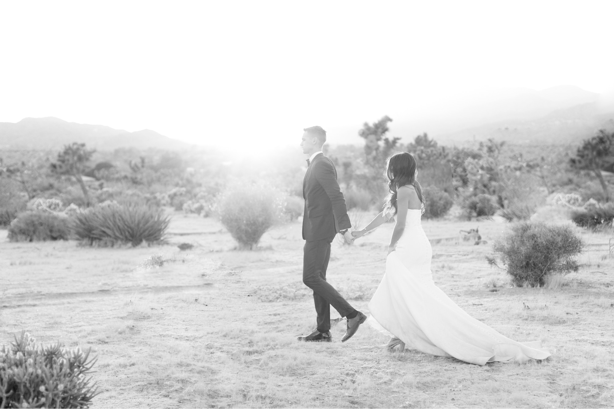 bride and groom walking through joshua tree