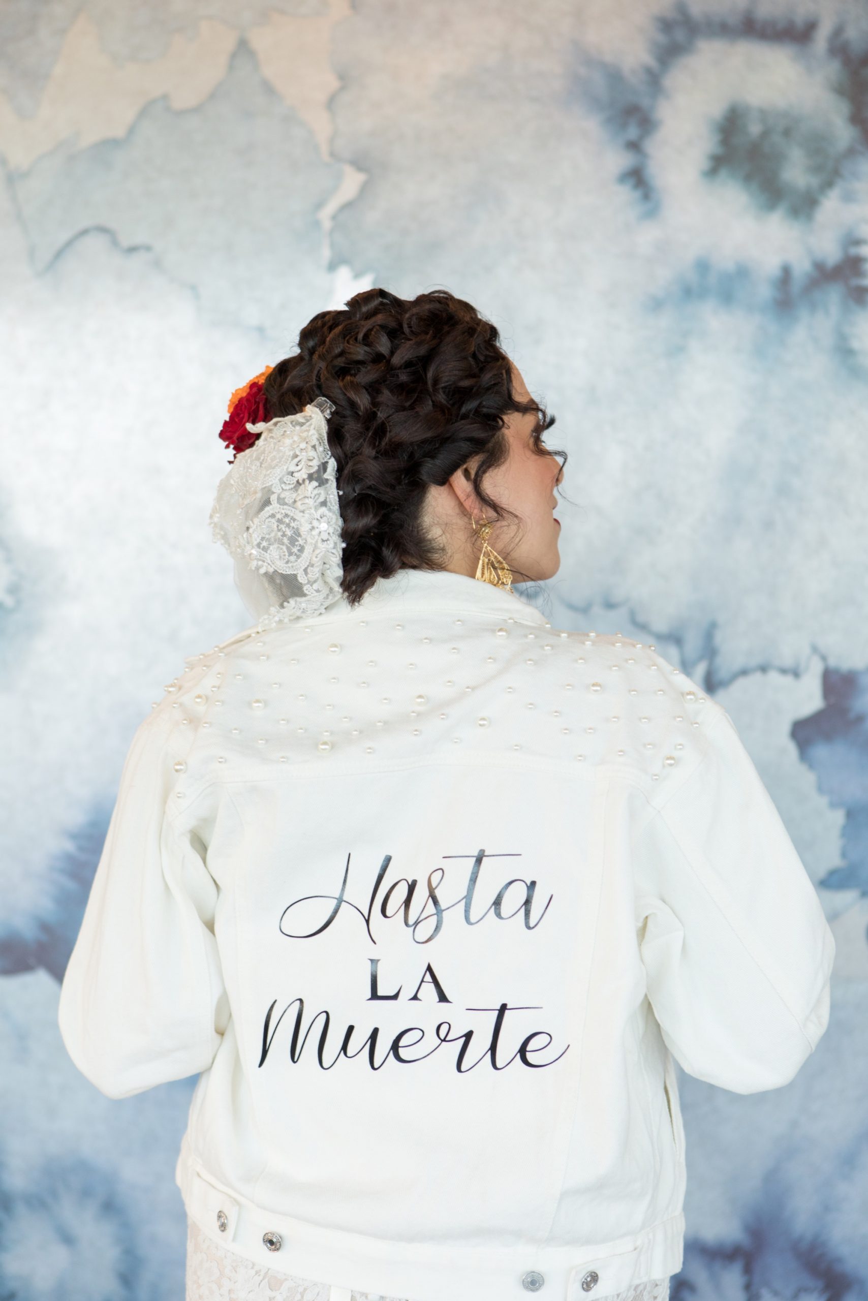 hasta la muerte bridal white leather jacket. by Gemini Fusion
