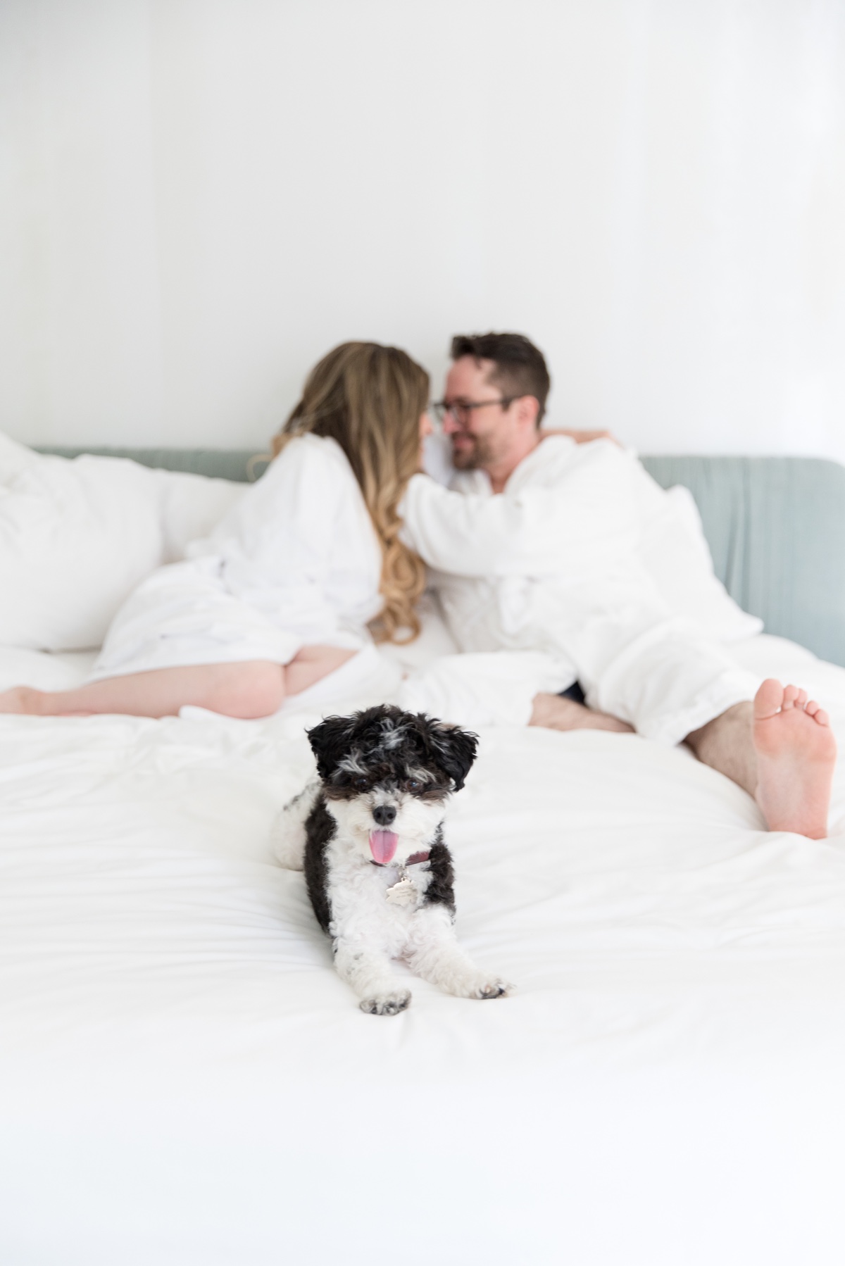 hotel engagement photos with dog and robes in los angeles