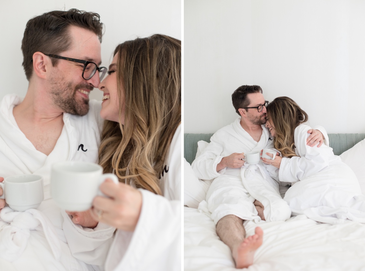 hotel engagement photos with coffee