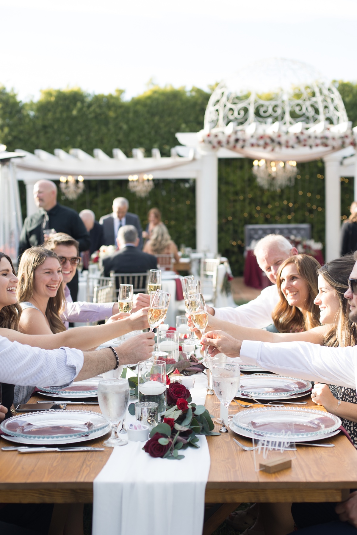 guests cheersing at outdoor wedding reception in temecula