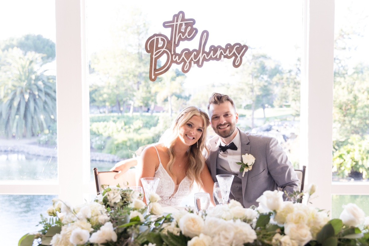 los angeles wedding portrait of bride and groom at sweetheart table