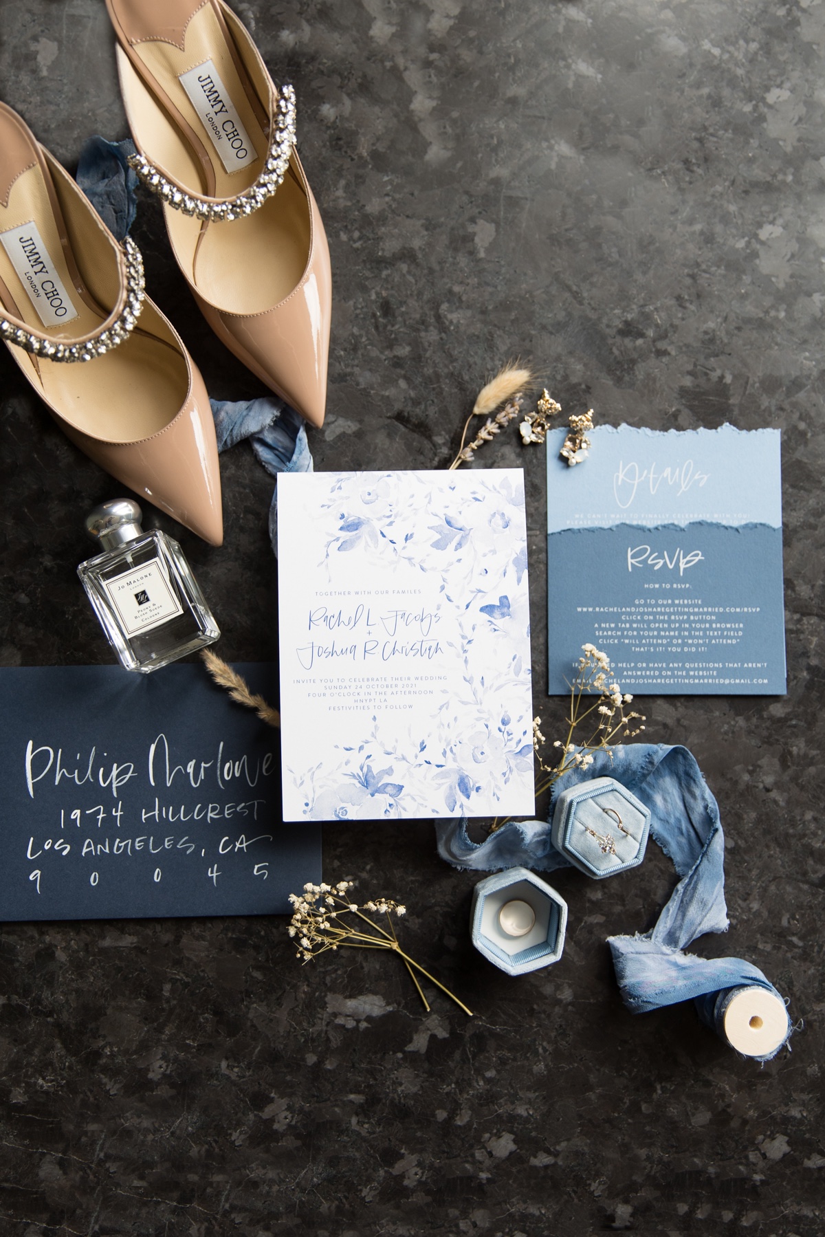 blue and white wedding colors watercolor invitation 