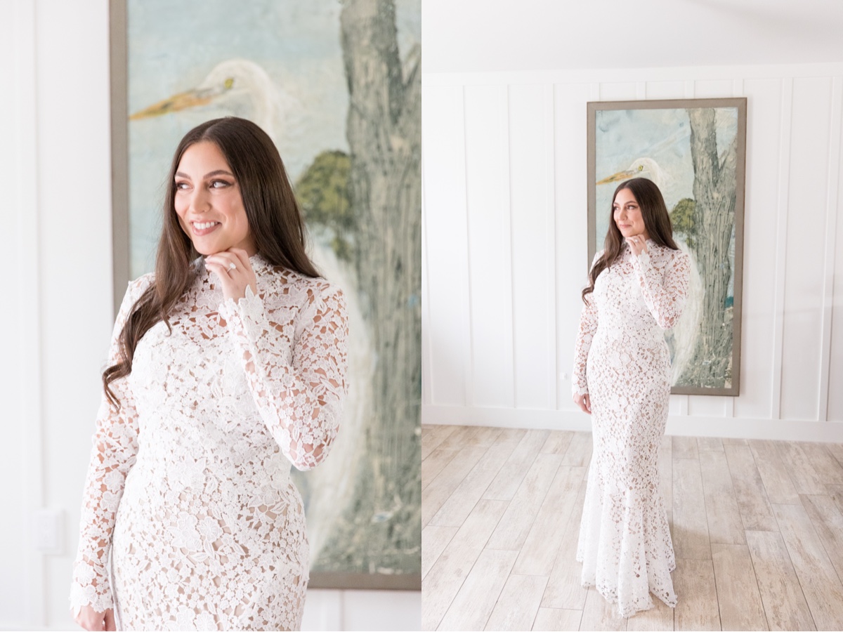 Bride in a long-sleeve lace wedding dress getting ready at Laguna Ranch in Laguna Beach