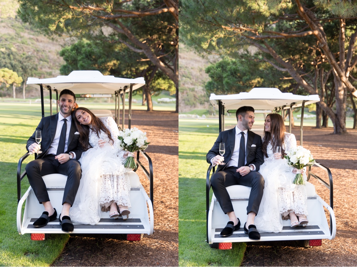 bride and groom on a golf cart at their laguna ranch wedding