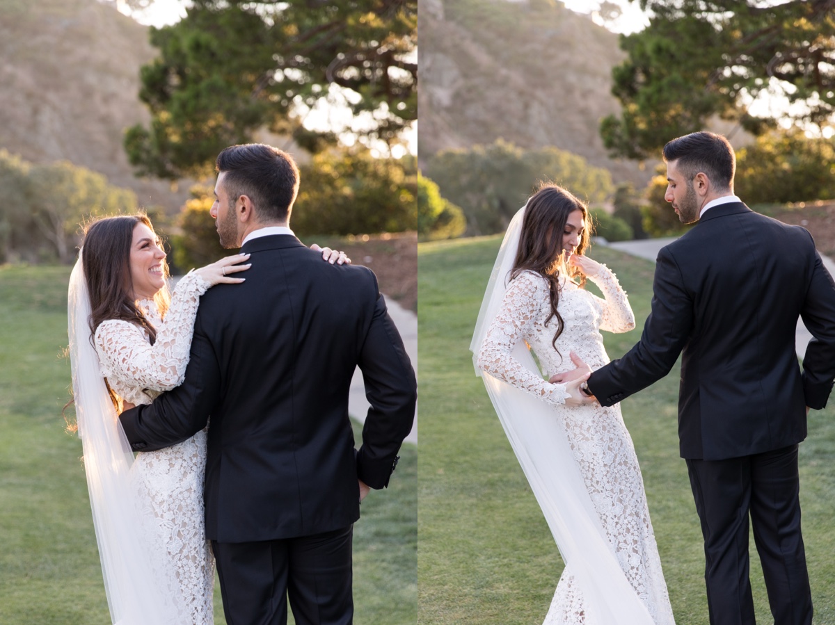Bride and groom at golden hour during sunset portraits at the ranch at laguna beach