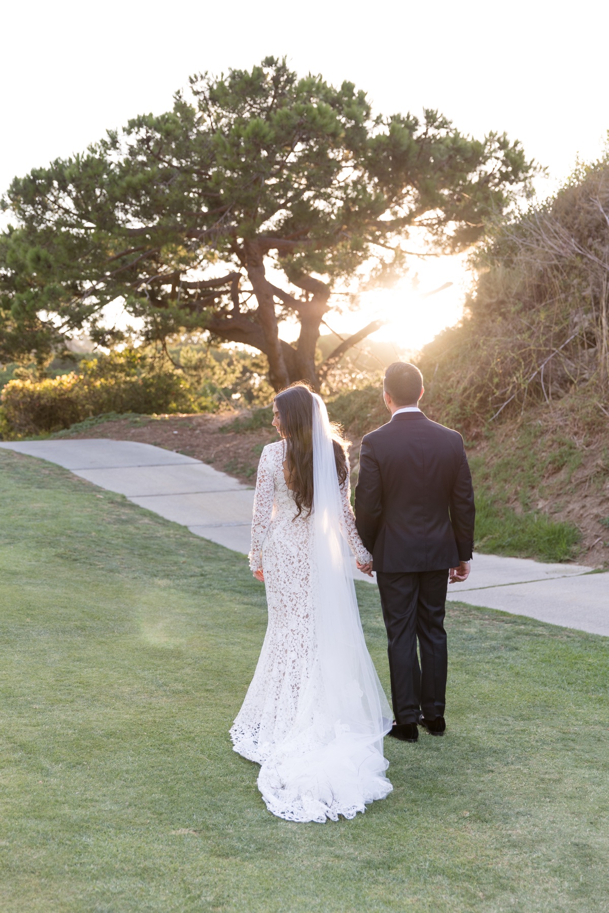 Bride and groom at golden hour during sunset portraits at the ranch at laguna beach
