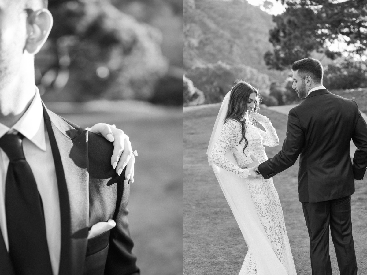 Bride and groom at golden hour during sunset portraits at the ranch at laguna beach