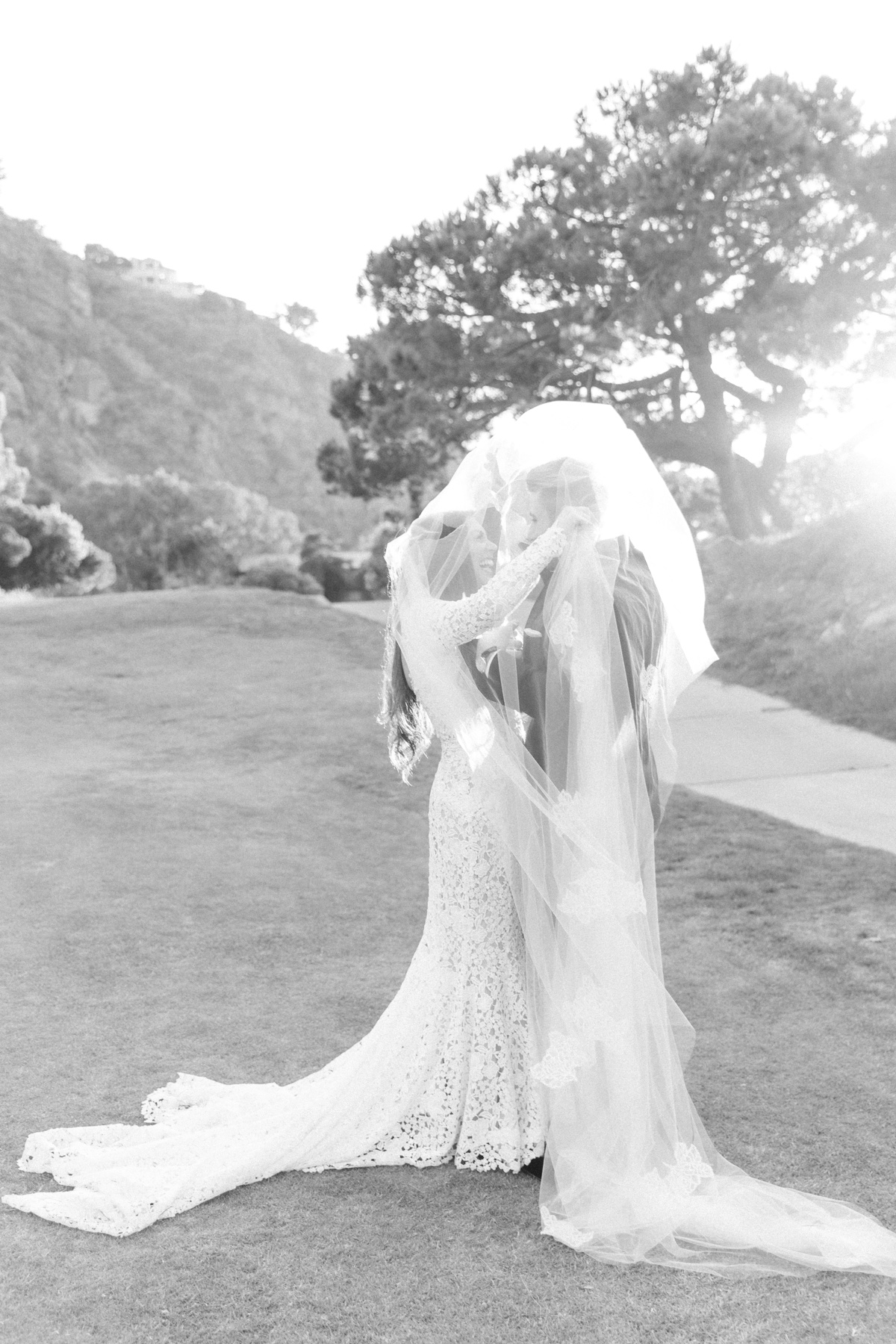 Bride and groom at golden hour during sunset portraits at the ranch at laguna beach