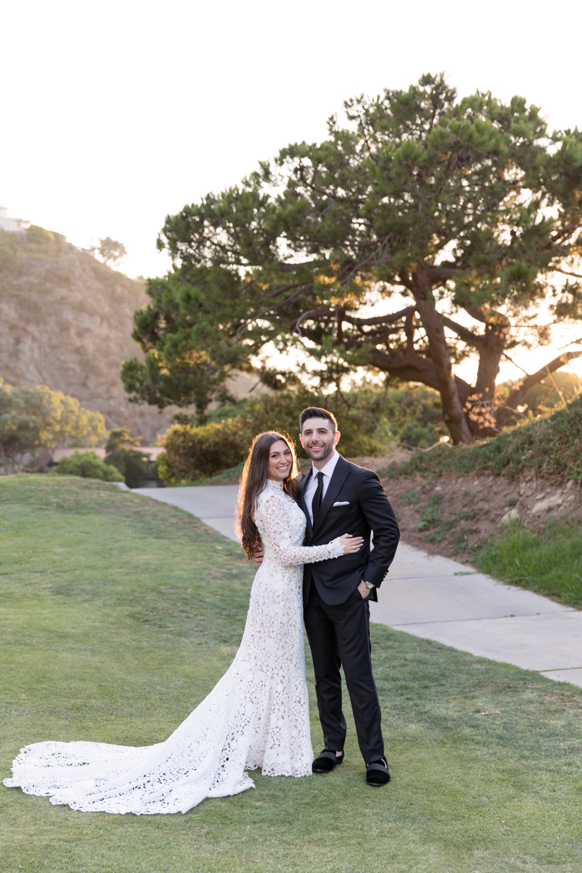 Bride and groom at golden hour during sunset portraits at the ranch at laguna beach