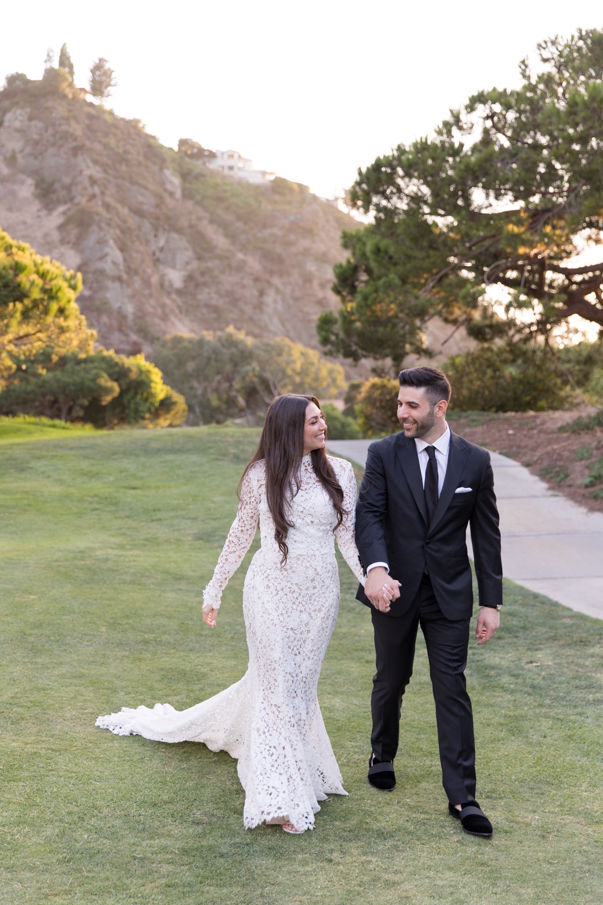 Bride and groom at golden hour during sunset portraits at the ranch at laguna beach