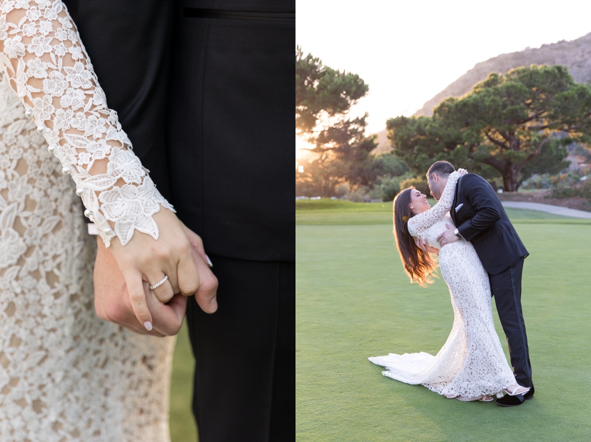 Bride and groom at golden hour during sunset portraits at the ranch at laguna beach