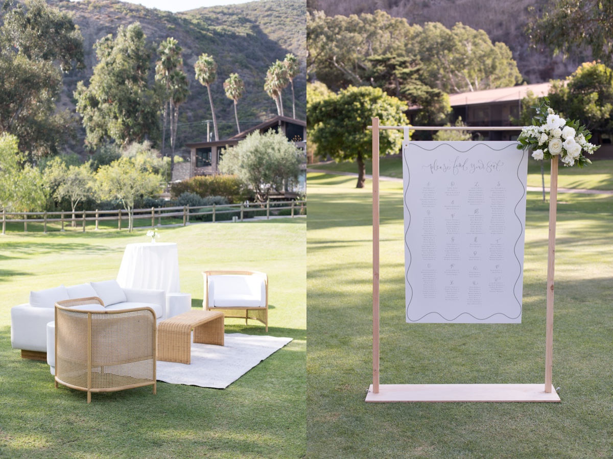 Outdoor cocktail hour setup at The Ranch at Laguna Beach with lounge furniture and garden views in Laguna Beach