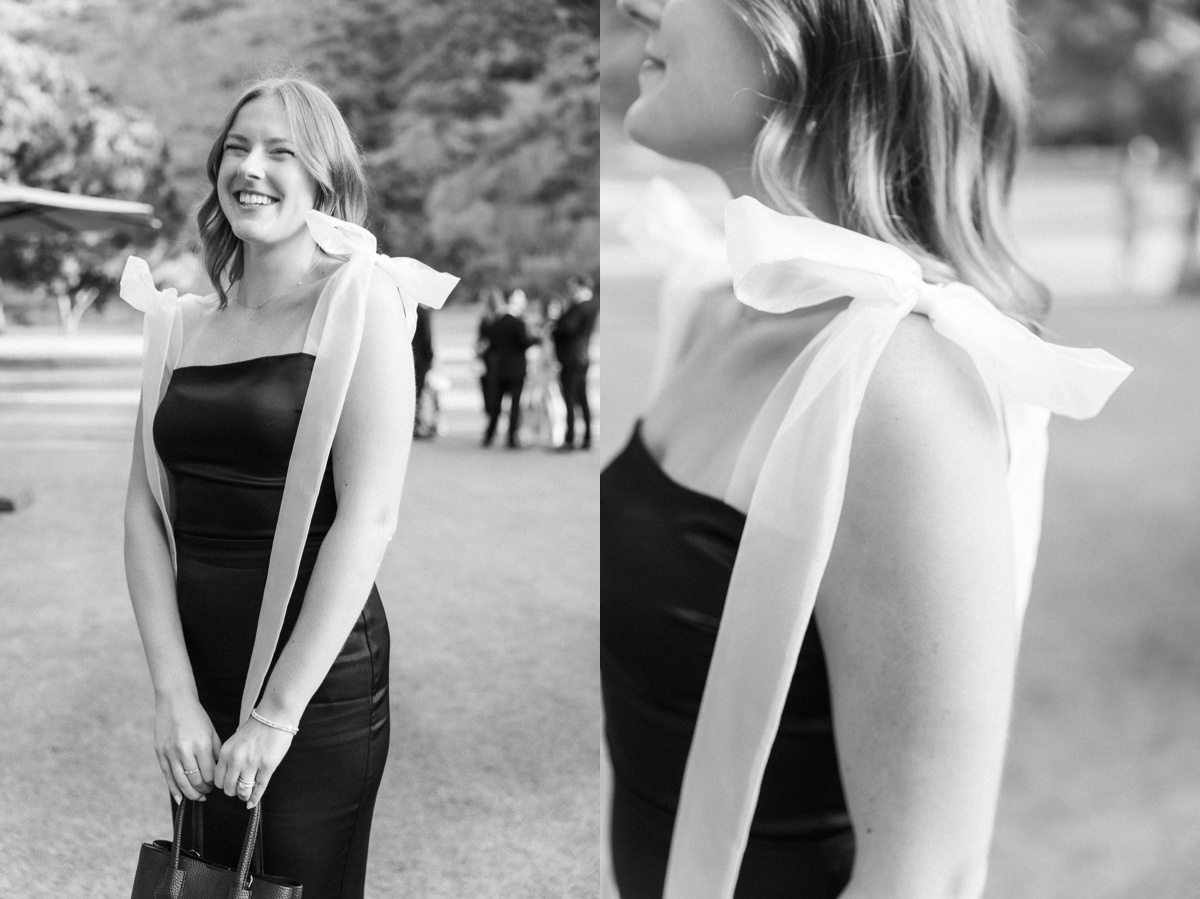 wedding guest dress black with white bows 