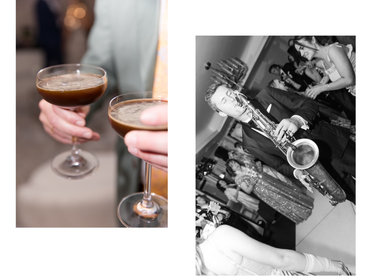 martinis and a saxophone player at this avalon hotel wedding