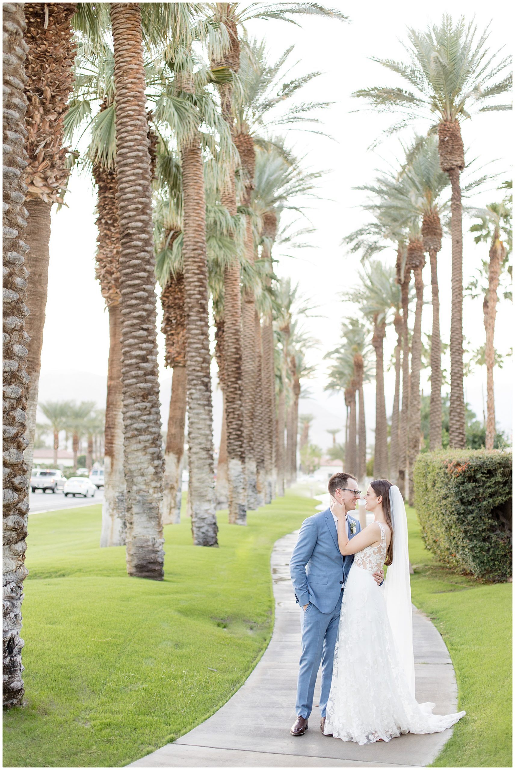 sands hotel palm springs wedding bride and groom portraits in front of palm trees