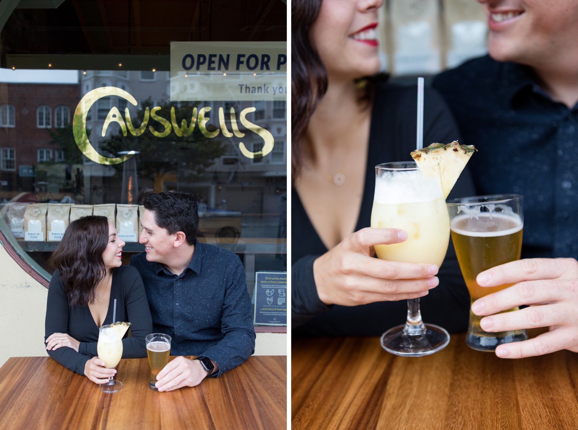 engaged couple drinking at Causwells in San Francisco