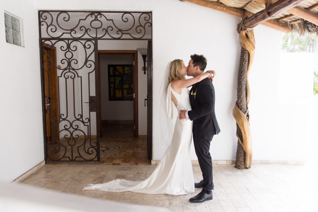 Bride and groom first look at destination wedding in San José del Cabo