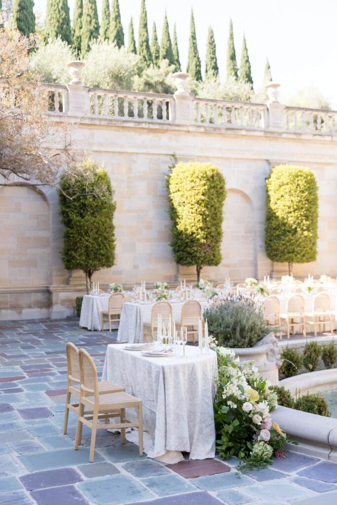 Courtyard wedding reception details at Greystone Mansion
